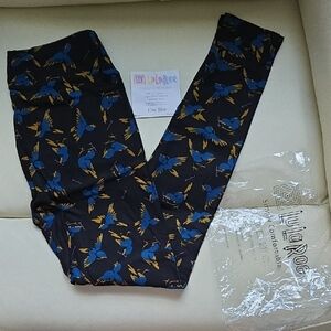 LuLaRoe Black Leggings with Blue and Yellow Bird Design